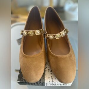 kenzie Tan Textile Suede Mary Jane Flats with Decorative Gold-Pearl Strap